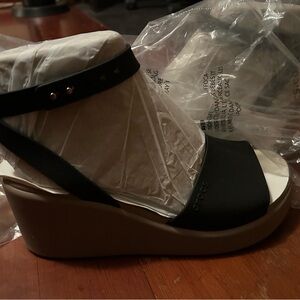CROCS Black and Tan Wedge Sandals